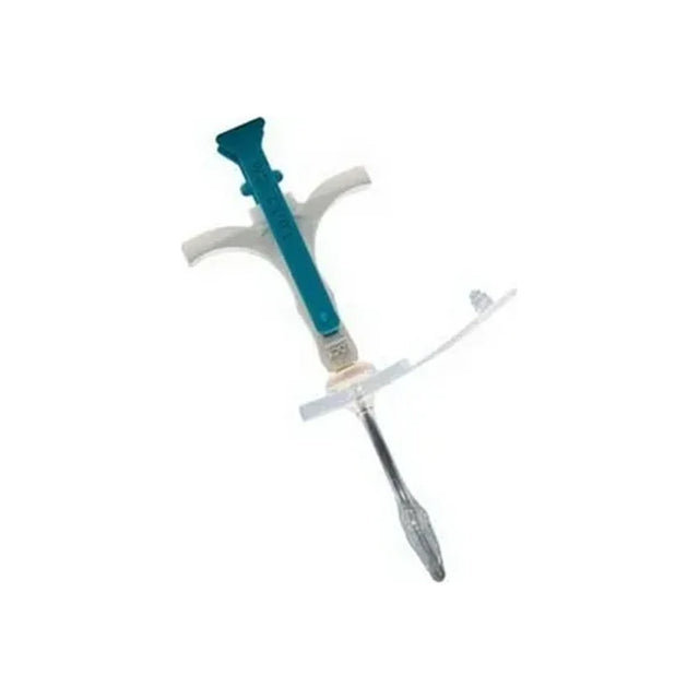 Medical feeding tube insertion device with blue handle on white background