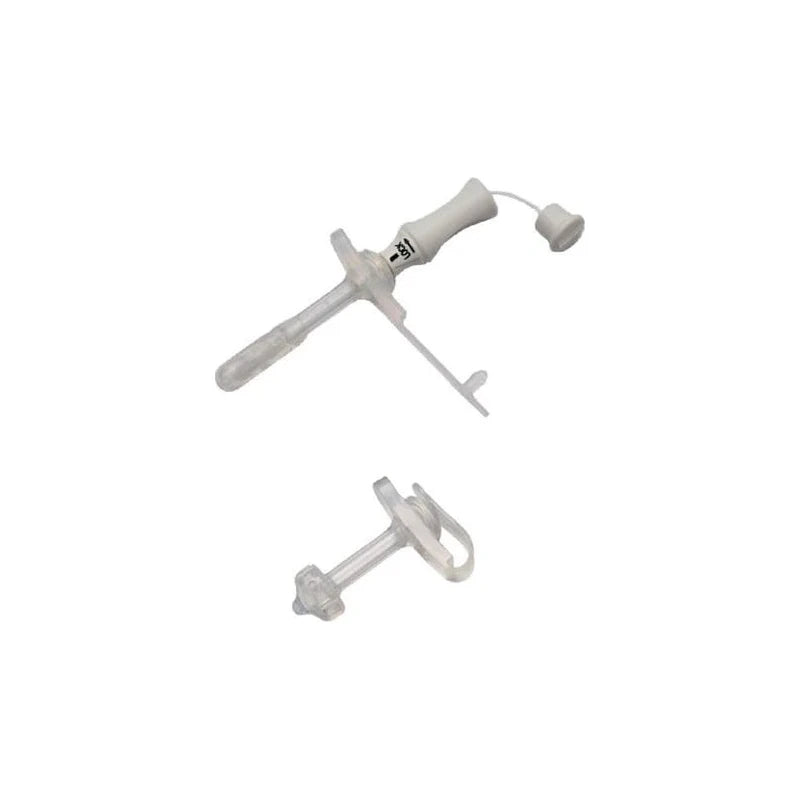 Clear medical gastrostomy tube kit for enteral feeding on white background