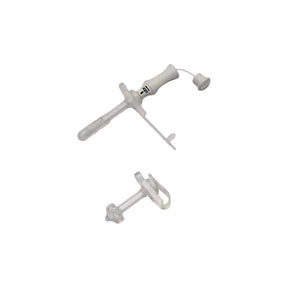 Clear medical gastrostomy tube kit for enteral feeding on white background