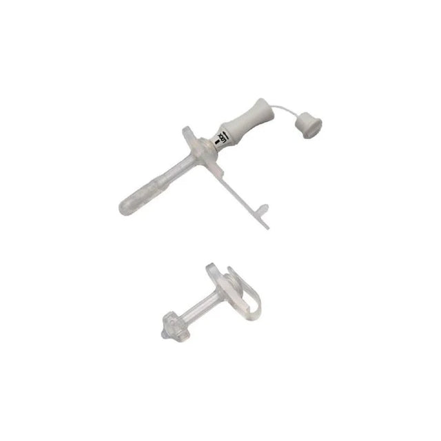 Clear medical gastrostomy tube kit for enteral feeding on white background