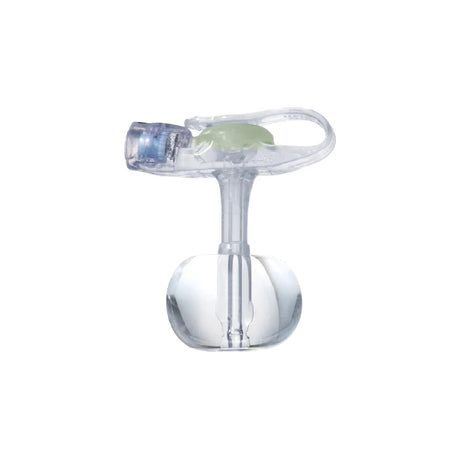 Clear gastrostomy feeding tube button with balloon, medical device on white background