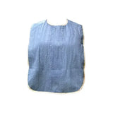 Blue adult bib apron for mealtime protection, washable, medical supply product