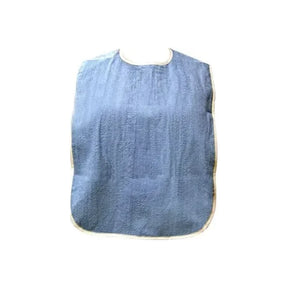 Blue adult bib apron for mealtime protection, washable, medical supply product