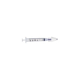 Clear medical syringe with measurement markings and white safety cap on white background