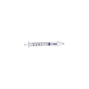 Clear medical syringe with measurement markings and white safety cap on white background