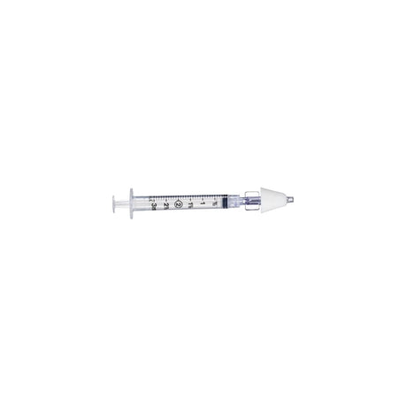 Clear medical syringe with measurement markings and white safety cap on white background