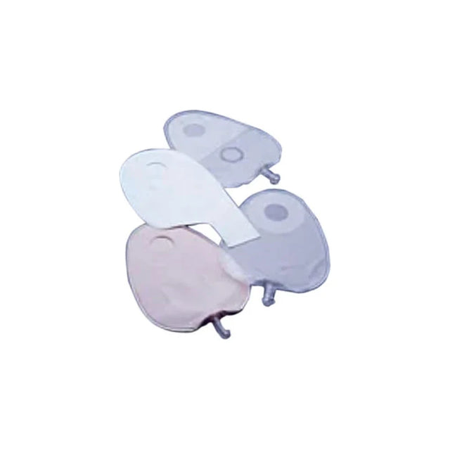 Assorted ostomy pouches for colostomy care, medical supplies on white background