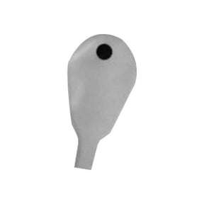 Gray ostomy pouch with round filter on white background, medical supplies