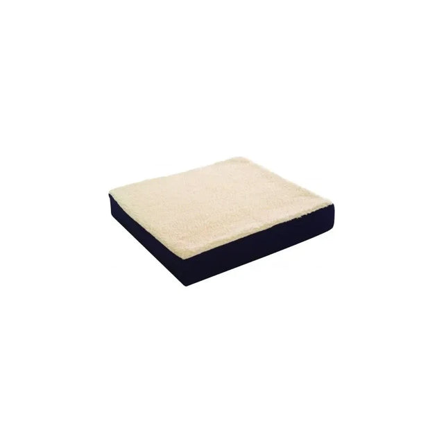Foam seat cushion with cream fleece top and navy blue base, for pressure relief