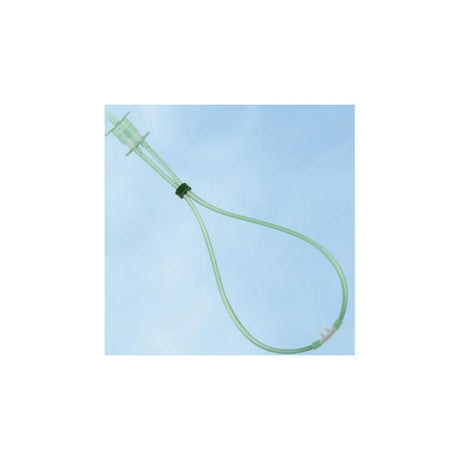Medical supply green looped suction tube with connector on a blue background