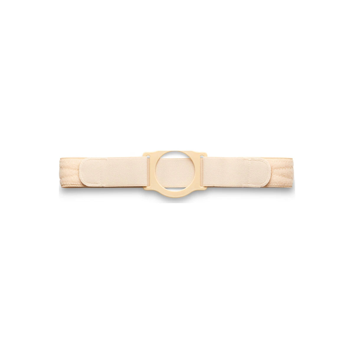Beige ostomy belt with round plastic opening and adjustable Velcro straps on white background