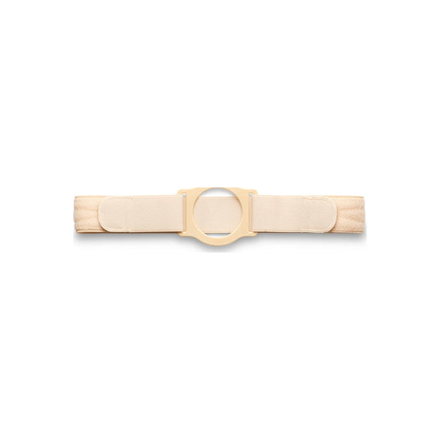 Beige ostomy belt with round plastic opening and adjustable Velcro straps on white background