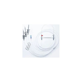 Clear medical tubing set with connectors and clamps for intravenous fluid administration