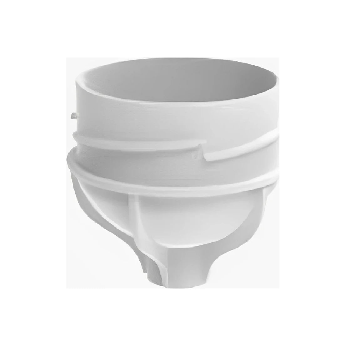 White plastic medical container adapter with ridged sides and open top, isolated on white background