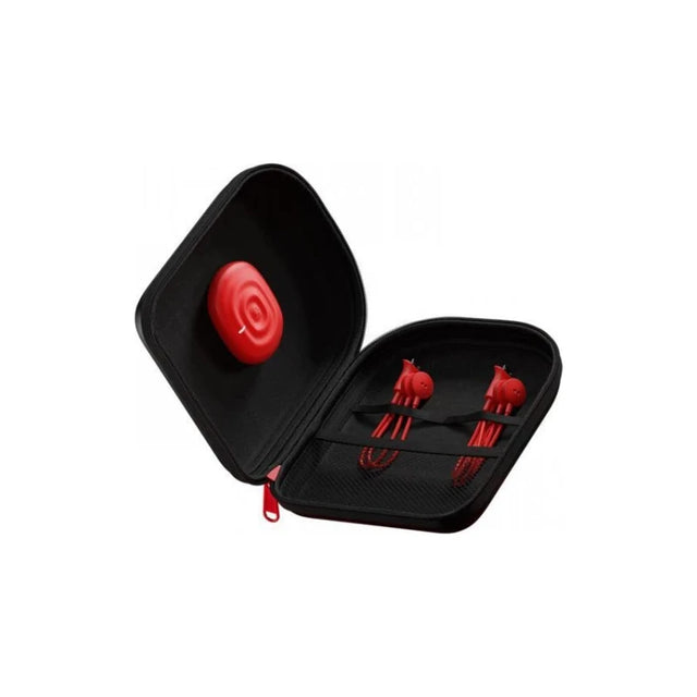 Red wearable therapy device kit in black zippered case with cables and electrodes