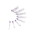 Assorted medical syringes with purple caps and measurement markings on white background