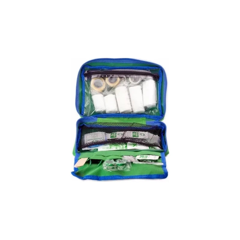 Open first aid kit case with medical bandages, gauze, tape, and emergency supplies inside.
