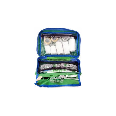 Open first aid kit case with medical bandages, gauze, tape, and emergency supplies inside.