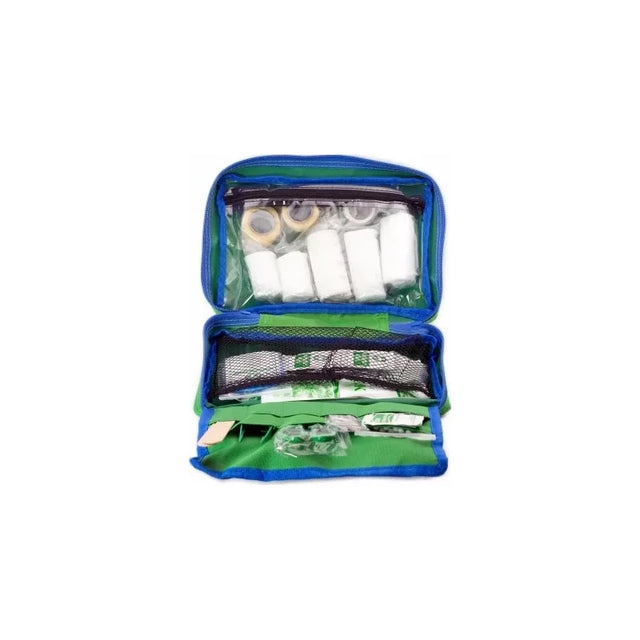 Open first aid kit case with medical bandages, gauze, tape, and emergency supplies inside.