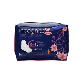 Incognito ultra thin pad with wings, 3-in-1 protection, 14 count, overnight, medical hygiene