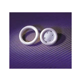 Two white medical pessary rings on a purple textured background