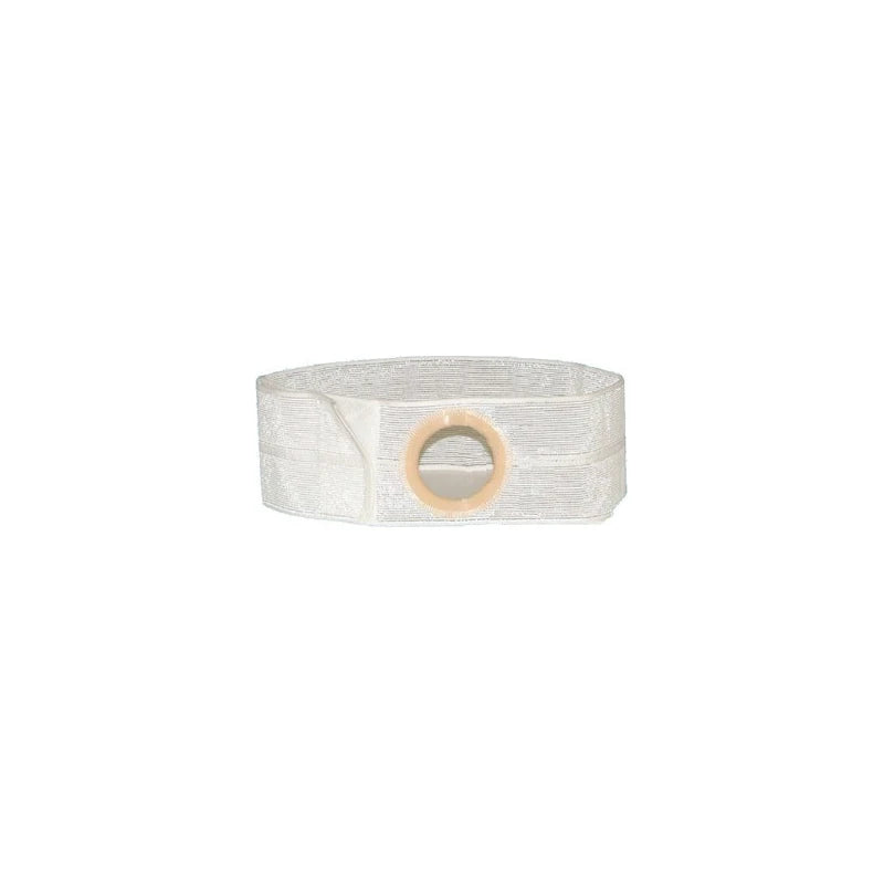 white medical ostomy belt with round opening for stoma support and secure appliance fit
