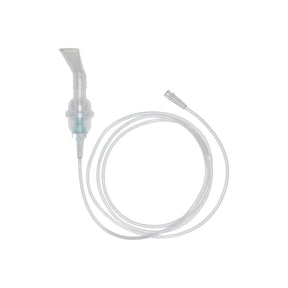 Nebulizer mouthpiece kit with tubing for respiratory therapy, isolated on white background