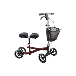 Knee walker scooter with padded seat, basket, and four wheels for mobility support