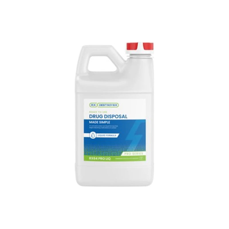 One-gallon drug disposal container with secure cap and blue label for safe medication disposal