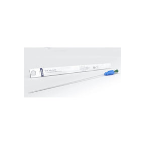Single-use hydrophilic intermittent catheter with blue and green handle, sterile packaging