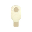One-piece drainable ostomy pouch with beige closure, medical supply on white background.