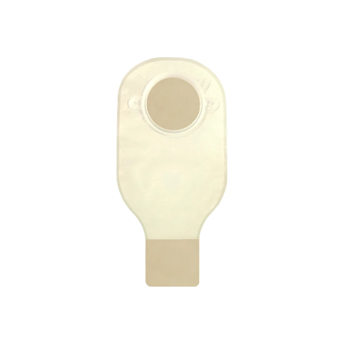 One-piece drainable ostomy pouch with beige closure, medical supply on white background.