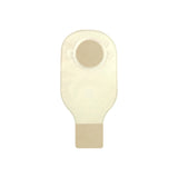 One-piece drainable ostomy pouch with beige closure, medical supply on white background.