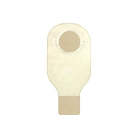 One-piece drainable ostomy pouch with beige closure, medical supply on white background.