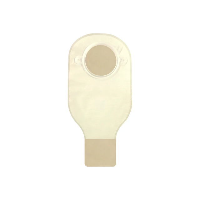 One-piece drainable ostomy pouch with beige closure, medical supply on white background.