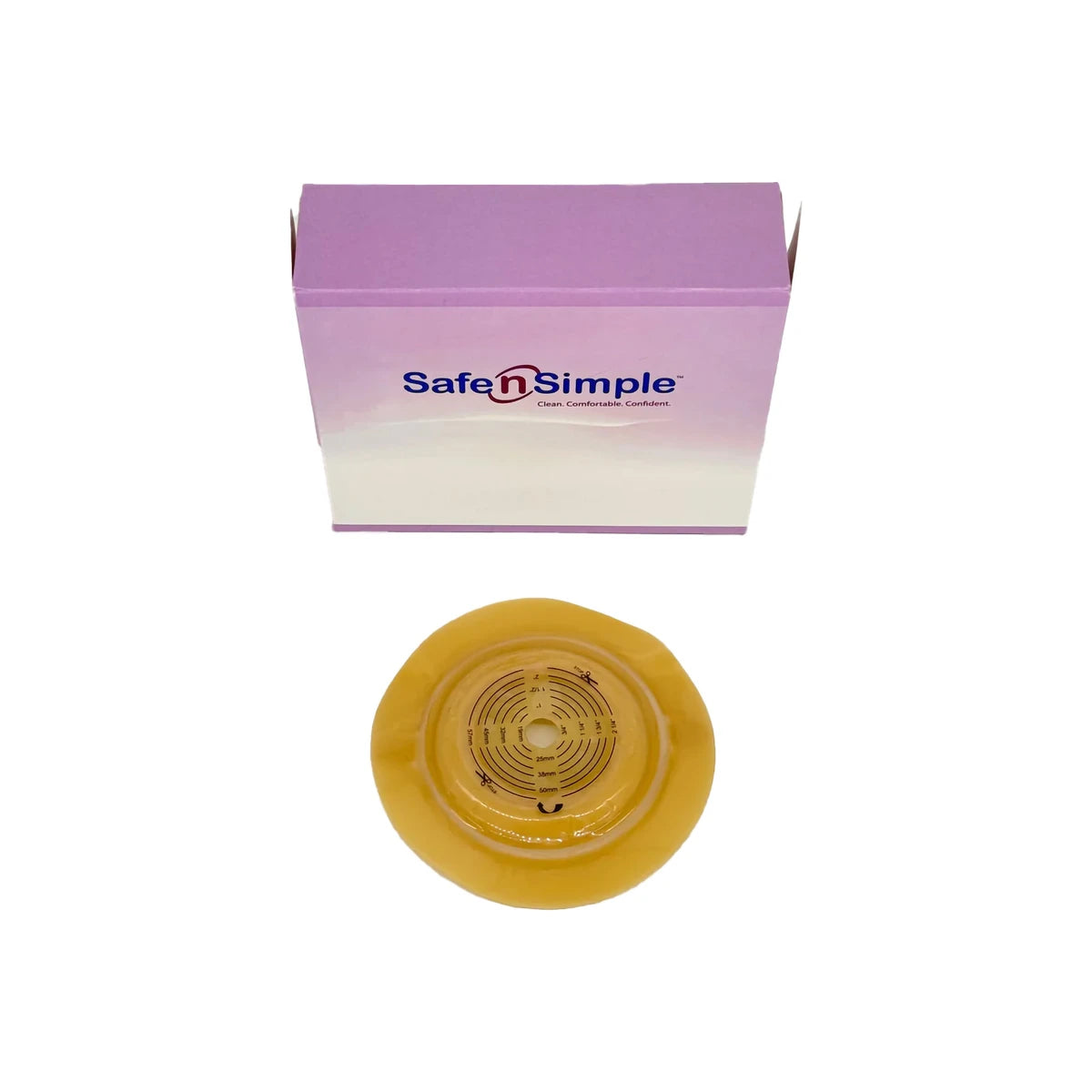 Ostomy barrier ring and Safe n Simple product box for ostomy care supplies