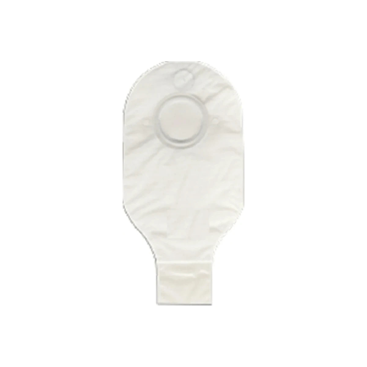 Transparent ostomy pouch with circular flange, medical supply on white background