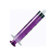 Medical syringe with clear barrel, purple plunger and fluid, on white background