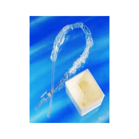 Sterile medical suction catheter with plastic sleeve and collection container on blue background