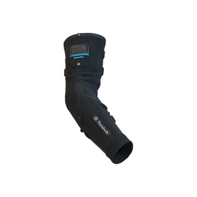 Black elbow compression sleeve with adjustable straps, used for arm support and injury recovery