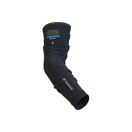 Black elbow compression sleeve with adjustable straps, used for arm support and injury recovery