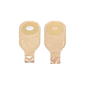 Two beige ostomy pouches with adhesive barriers for medical use, shown side by side.