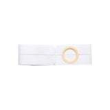 White ostomy support belt with round beige opening for medical supplies