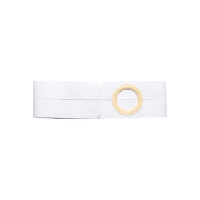 White ostomy support belt with round beige opening for medical supplies