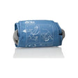 Blue blood pressure monitor cuff with sizing and usage instructions, for home medical use