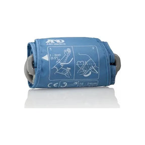 Blue blood pressure monitor cuff with sizing and usage instructions, for home medical use