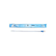 Sterile medical intermittent catheter with blue connector and sealed packaging on white background