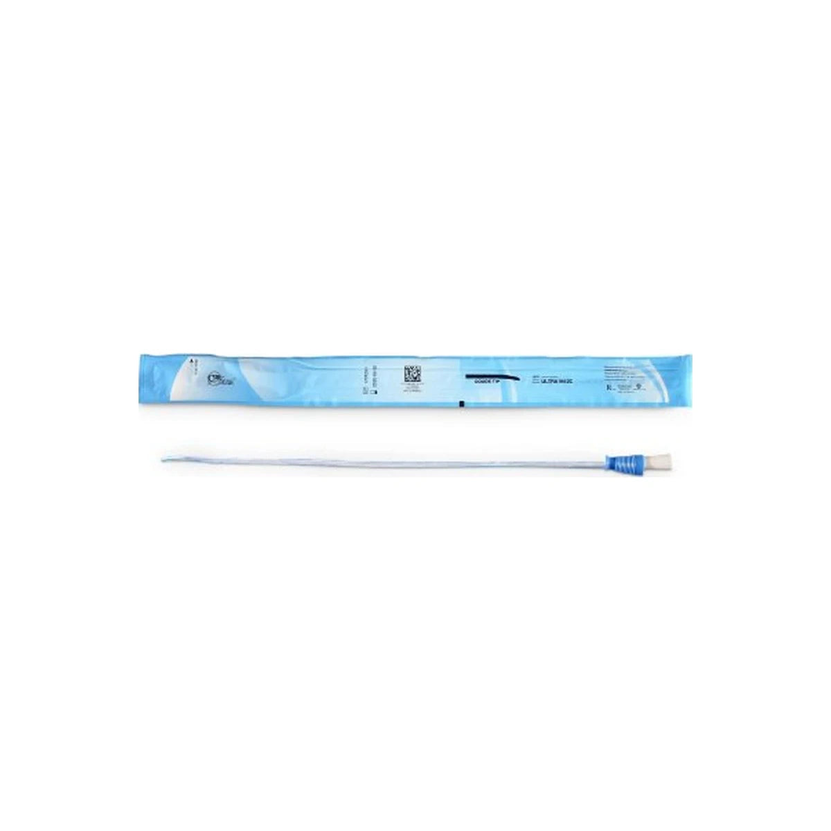 Sterile medical intermittent catheter with blue connector and sealed packaging on white background