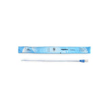 Sterile medical intermittent catheter with blue connector and sealed packaging on white background