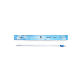 Sterile medical intermittent catheter with blue connector and sealed packaging on white background